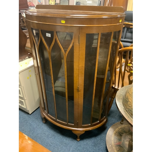 792 - An oak vintage Demi-lune china cabinet together with two prints