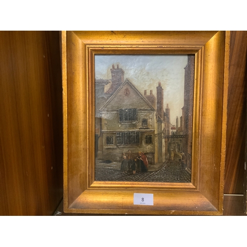 36 - A 19th century unsigned oil on canvas of an old Nottingham Street with a tavern and figures