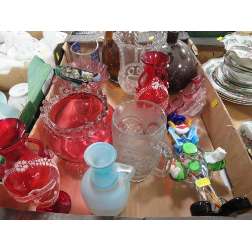 109 - A tray of assorted glassware etc. to include a pair of vases with hand-painted Venetian scenes, Seni... 