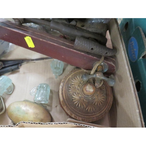 125 - A tray of collectables to include retro light shade, barley twist candle sticks etc