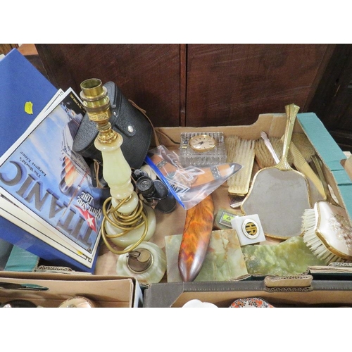 126 - A tray of collectables to include binoculars, dressing table set etc