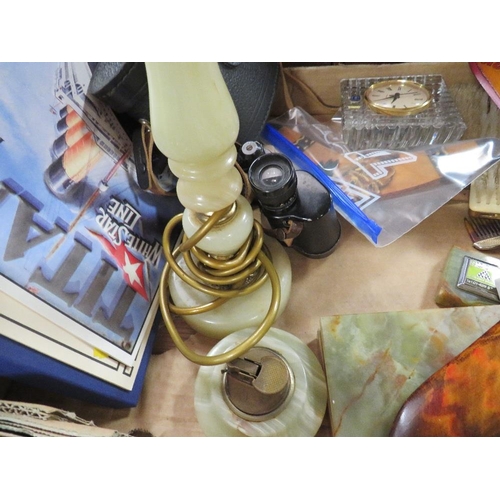 126 - A tray of collectables to include binoculars, dressing table set etc