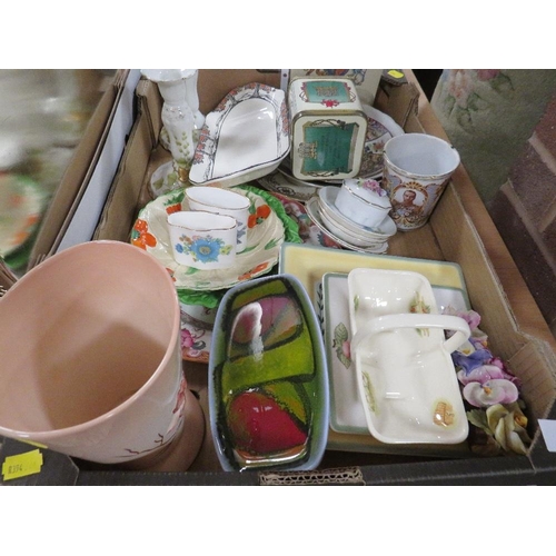 127 - A tray of ceramics and collectables to include a Poole pottery dish