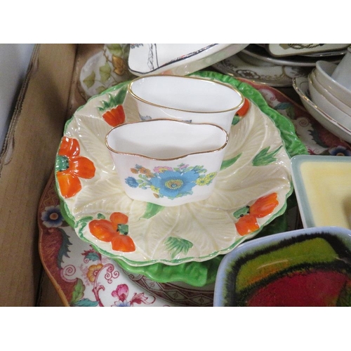 127 - A tray of ceramics and collectables to include a Poole pottery dish