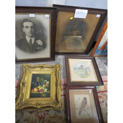 13 - A pair of antique oak framed portrait prints together with a girl on the beach print and a silk work... 