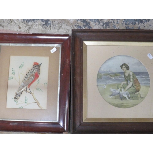 13 - A pair of antique oak framed portrait prints together with a girl on the beach print and a silk work... 