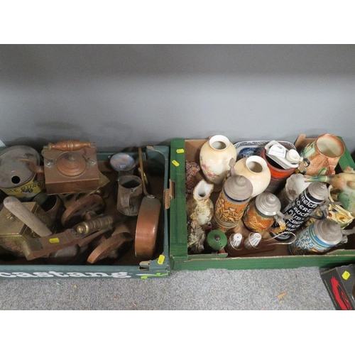 133 - Two trays of metal ware and ceramics to include a copper kettle and beer steins