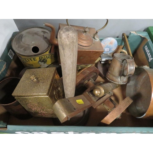 133 - Two trays of metal ware and ceramics to include a copper kettle and beer steins