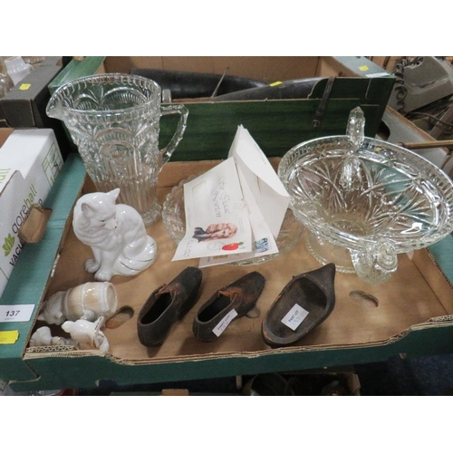 137 - A pair of antique model boots (in cabinet) together with a tray of ceramics and glass