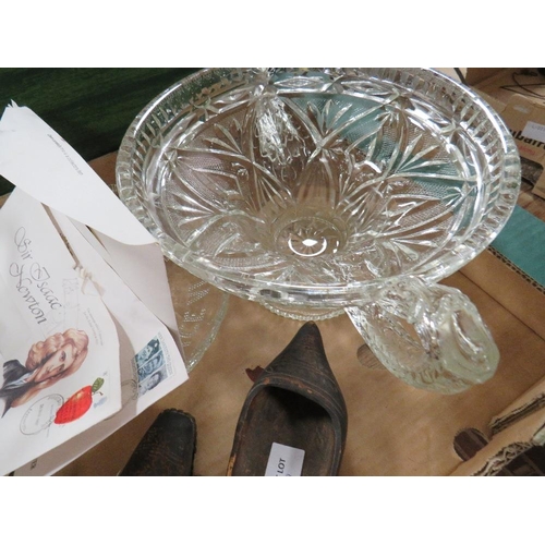 137 - A pair of antique model boots (in cabinet) together with a tray of ceramics and glass