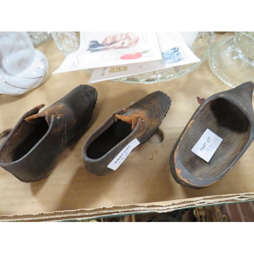 137 - A pair of antique model boots (in cabinet) together with a tray of ceramics and glass