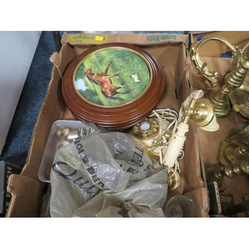 138 - Three trays of metal ware and ceramics etc to include copper pans, brass candlesticks, collectable p... 