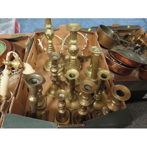 138 - Three trays of metal ware and ceramics etc to include copper pans, brass candlesticks, collectable p... 