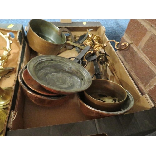 138 - Three trays of metal ware and ceramics etc to include copper pans, brass candlesticks, collectable p... 