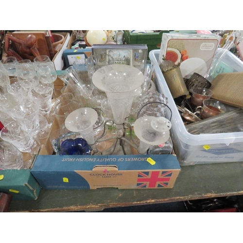 148 - Three trays of assorted glass and metal ware to include an epergne, cased carving set etc