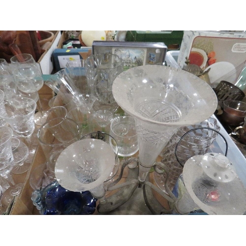 148 - Three trays of assorted glass and metal ware to include an epergne, cased carving set etc