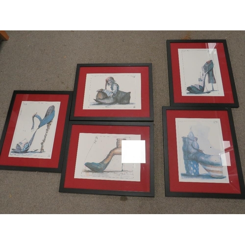 15 - Five framed and glazed prints studies of fantastical shoes together with six framed and glazed print... 