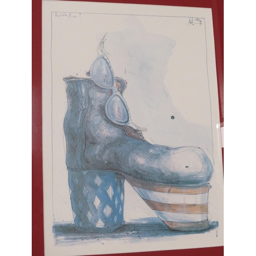 15 - Five framed and glazed prints studies of fantastical shoes together with six framed and glazed print... 