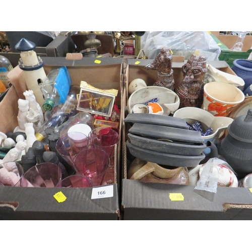 166 - Two trays of assorted ceramics to include antique tea pots, ceramic chess pieces etc