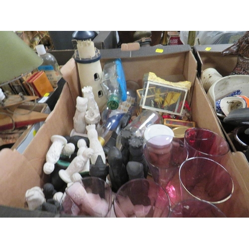 166 - Two trays of assorted ceramics to include antique tea pots, ceramic chess pieces etc