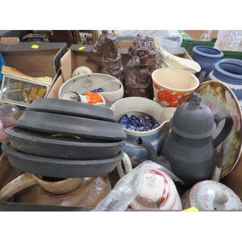 166 - Two trays of assorted ceramics to include antique tea pots, ceramic chess pieces etc