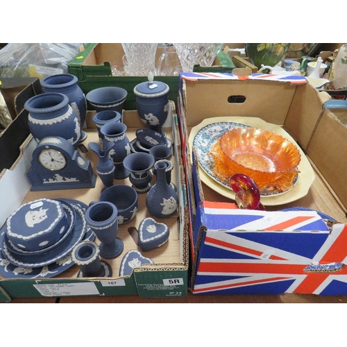 167 - A tray of dark blue Wedgwood Jasperware to include vases, desk clock together with a tray of assorte... 