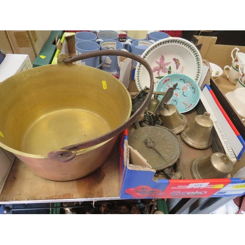 175 - A small tray of collectables to include Portmeirion plate, brass bells etc