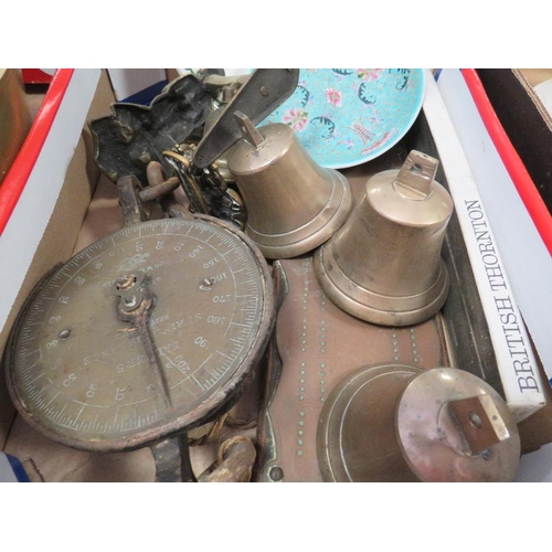 175 - A small tray of collectables to include Portmeirion plate, brass bells etc