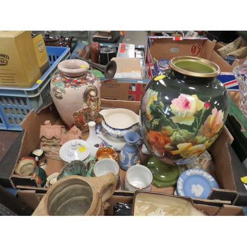 180 - Two trays of assorted ceramics to include a large Royal Bonn vase, Wedgwood jasper ware etc together... 