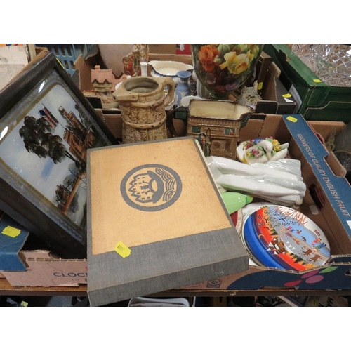 180 - Two trays of assorted ceramics to include a large Royal Bonn vase, Wedgwood jasper ware etc together... 