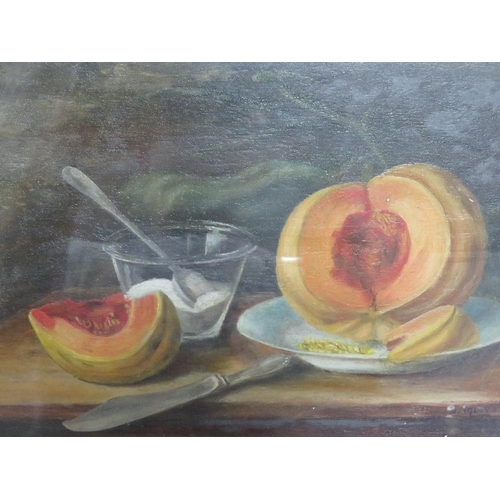 24 - An oil on board still life study of fruit etc on a table