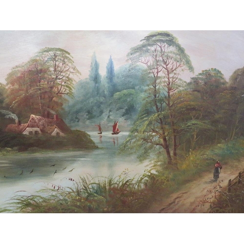 26 - Indistinctly signed and framed early 20th century oil on board wooded river landscape with cottage, ... 