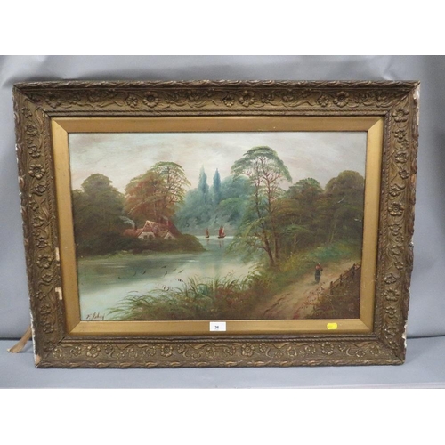 26 - Indistinctly signed and framed early 20th century oil on board wooded river landscape with cottage, ... 