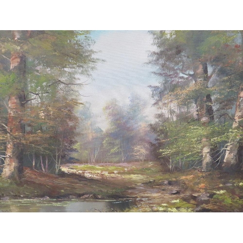 27 - T.Gaiermann unframed, signed, oil on canvas 20th century impressionist wooded river landscape