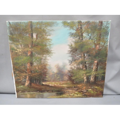 27 - T.Gaiermann unframed, signed, oil on canvas 20th century impressionist wooded river landscape