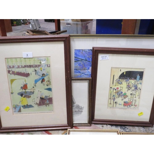 3 - A selection of assorted pictures and prints to include two examples by W Heath Robinson