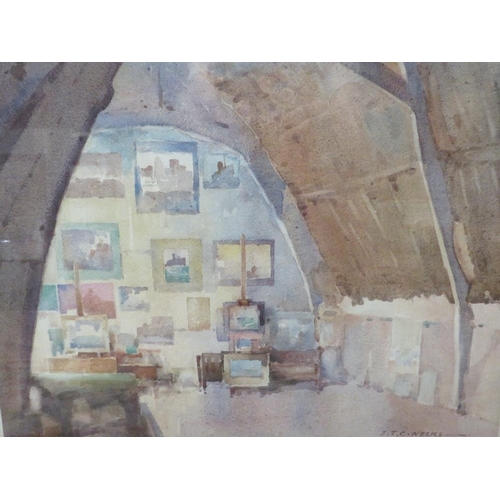 5 - A FRAMED AND GLAZED WATERCOLOUR OF AN INTERIOR SCENE BY S.T.C.WEEKS, SIGNED LOWER RIGHT