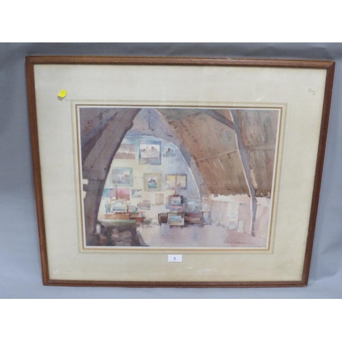 5 - A FRAMED AND GLAZED WATERCOLOUR OF AN INTERIOR SCENE BY S.T.C.WEEKS, SIGNED LOWER RIGHT