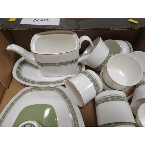 50 - Two trays of Royal Doulton Rondelay tea and dinner ware to include many seconds