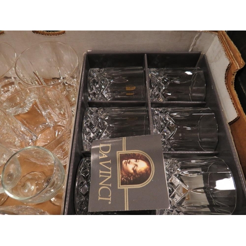 52 - Two trays of ceramic and glass to include Royal Doulton Tumbling Leaves, Da Vinci crystal glasses et... 