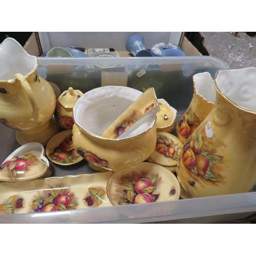 53 - A tray of Aynsley Orchard Gold items, to include large vases, jugs, trays etc