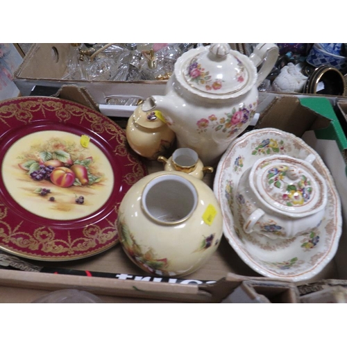 56 - Four small trays of ceramics and glass to include Aynsley Orchard Gold, novelty dragon figures etc t... 