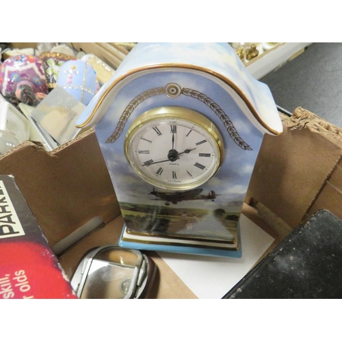 59 - A tray of assorted collectables to include a limited edition Bradex RAF themed clock, vintage goggle... 