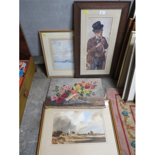 6 - Two watercolours, an oil on canvas still life, and a print (4)