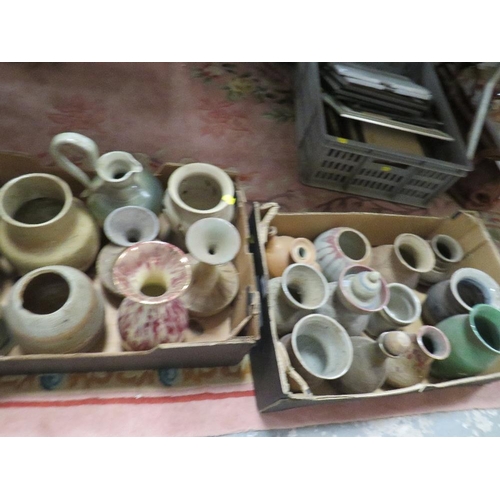 67 - Two trays of assorted studio pottery etc