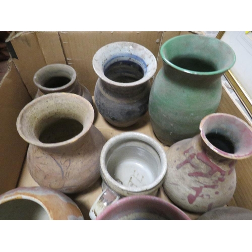 67 - Two trays of assorted studio pottery etc