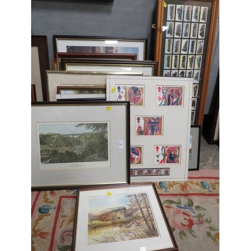 7 - A quantity of prints to include two framed sets of cigarette cards 'Trains of the World' framed and ... 