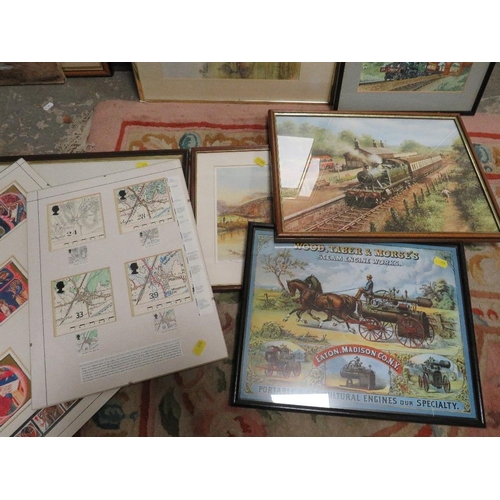 7 - A quantity of prints to include two framed sets of cigarette cards 'Trains of the World' framed and ... 