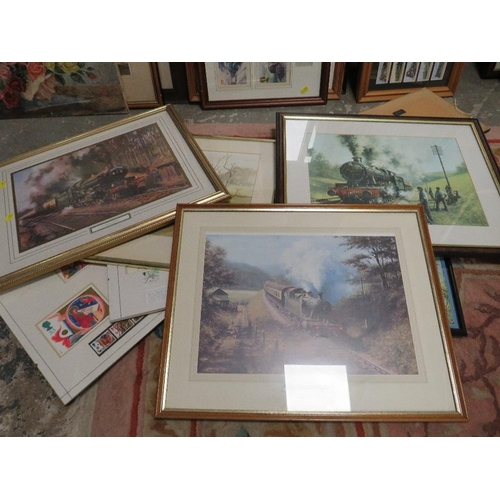 7 - A quantity of prints to include two framed sets of cigarette cards 'Trains of the World' framed and ... 