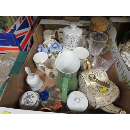 70 - Three trays of assorted ceramic's together with a tray of glassware to include decanter (4)